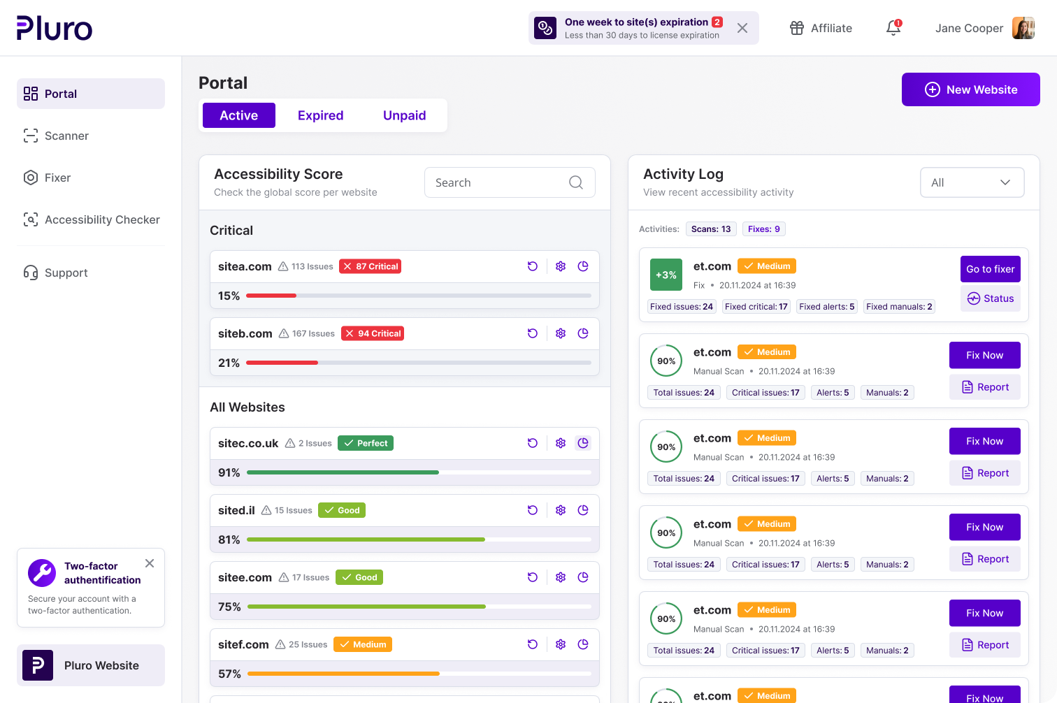 Pluro's accessibility management dashboard...