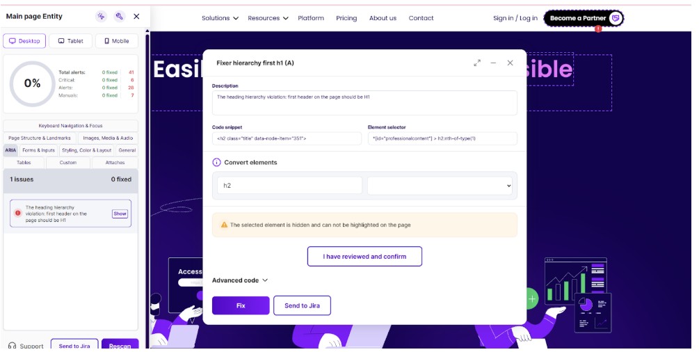 Actions menu: open details, send issues to Jira, or open the exact issue in Fixer for remediation