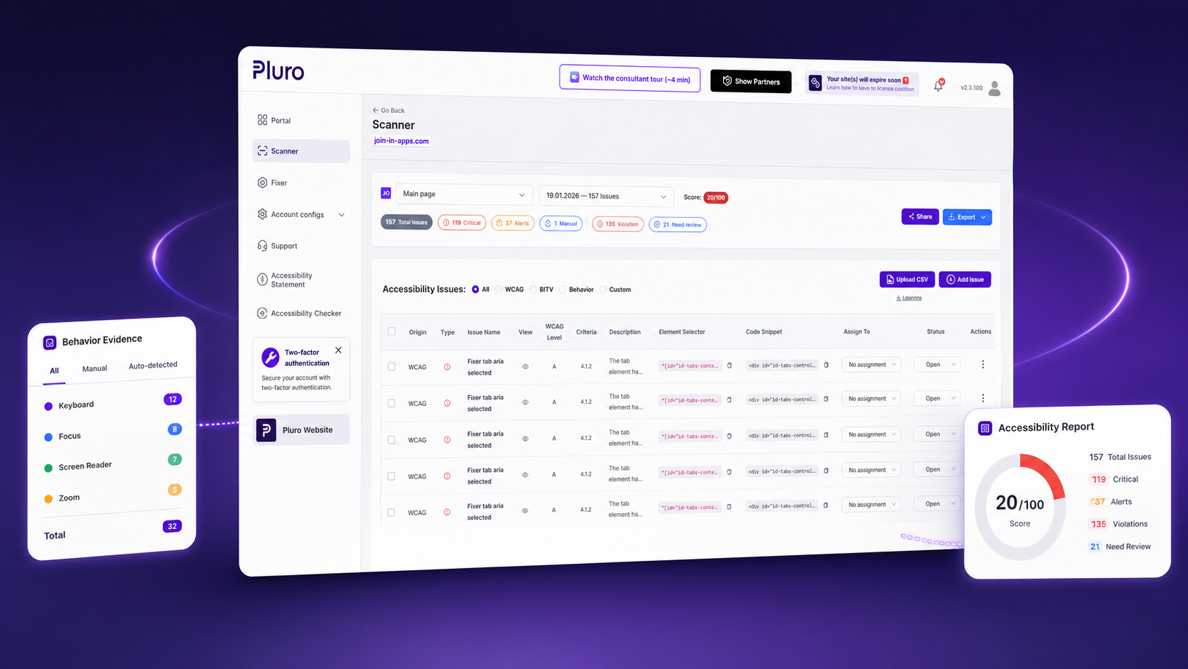 Pluro accessibility workflow dashboard connecting scanning, Behavior Evidence, remediation, verification and reporting