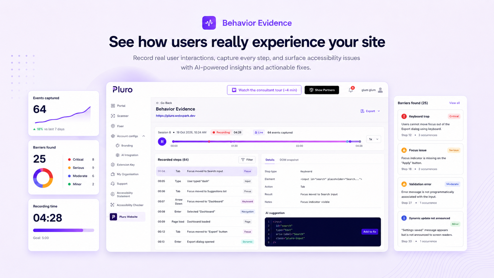Pluro Behavior Recorder capturing a keyboard interaction journey with focus and validation events