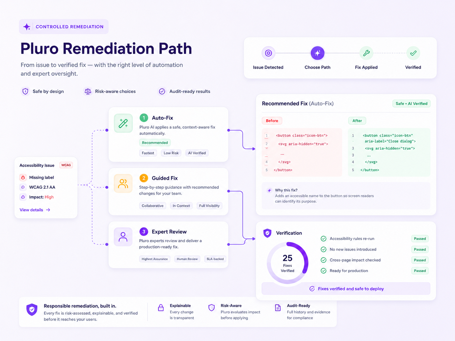 Pluro AI panel separating Safe Auto-Fix, Needs Review and Manual Remediation categories
