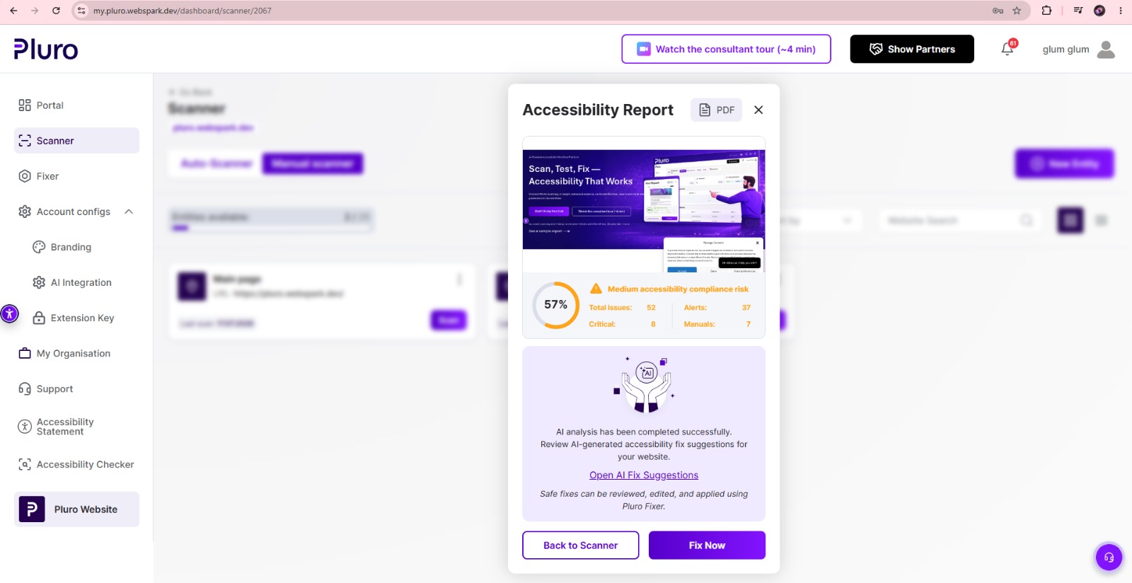 Pluro accessibility workflow dashboard connecting scanning, Behavior Evidence, remediation, verification and reporting