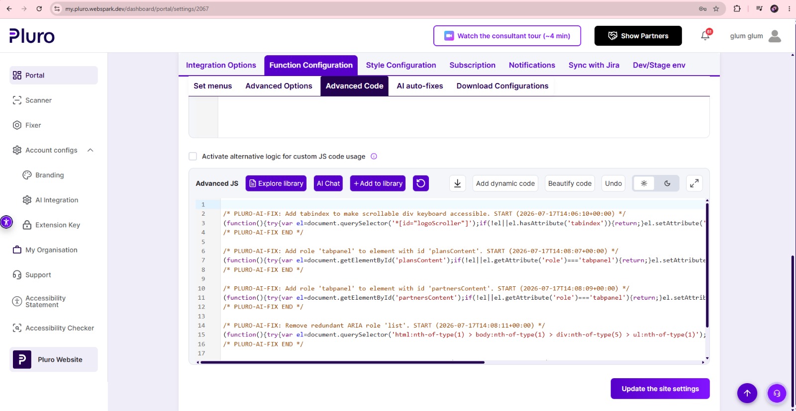 Code editor showing Pluro accessibility findings and remediation guidance beside source code