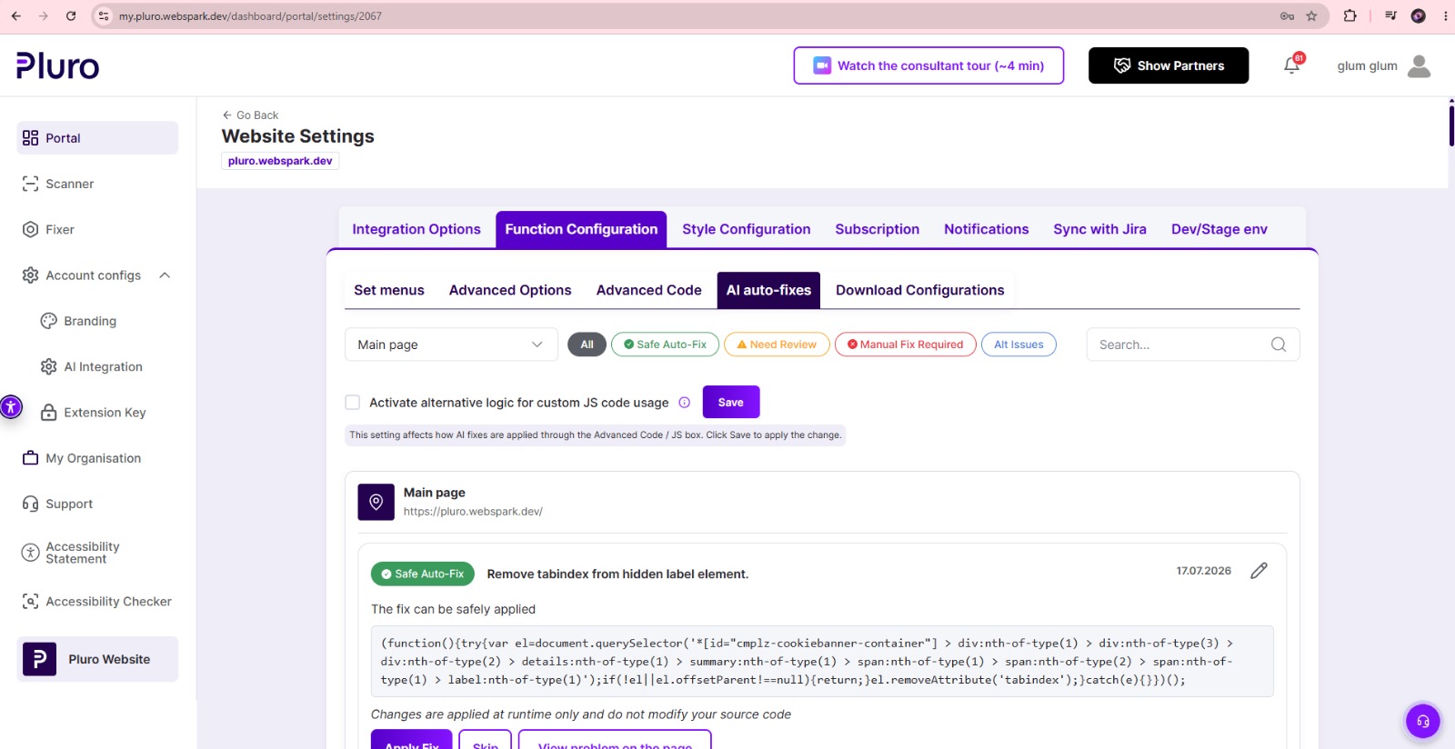 Pluro accessibility workflow dashboard connecting scanning, Behavior Evidence, remediation, verification and reporting