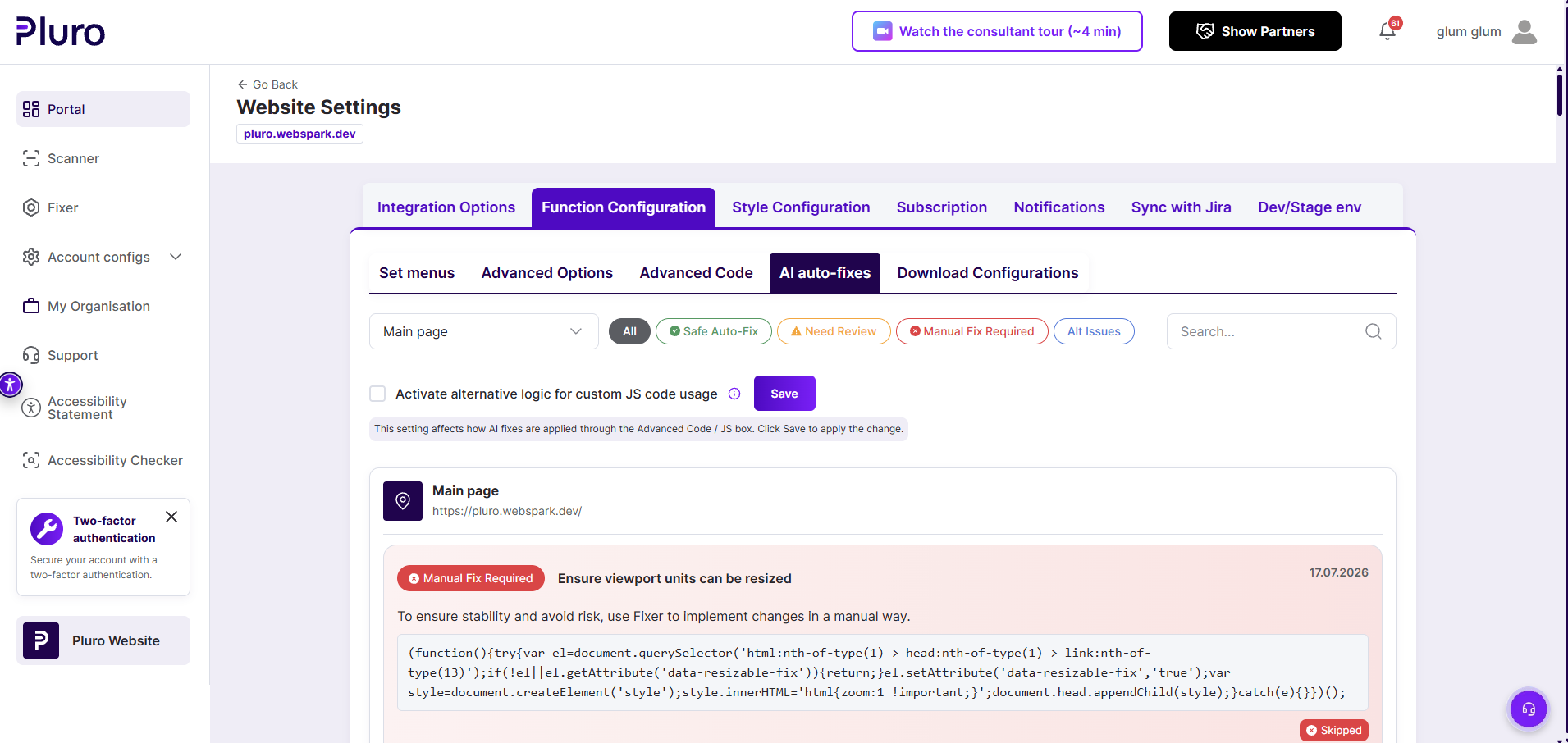 Pluro AI auto-fixes interface showing safe, review and manual classifications