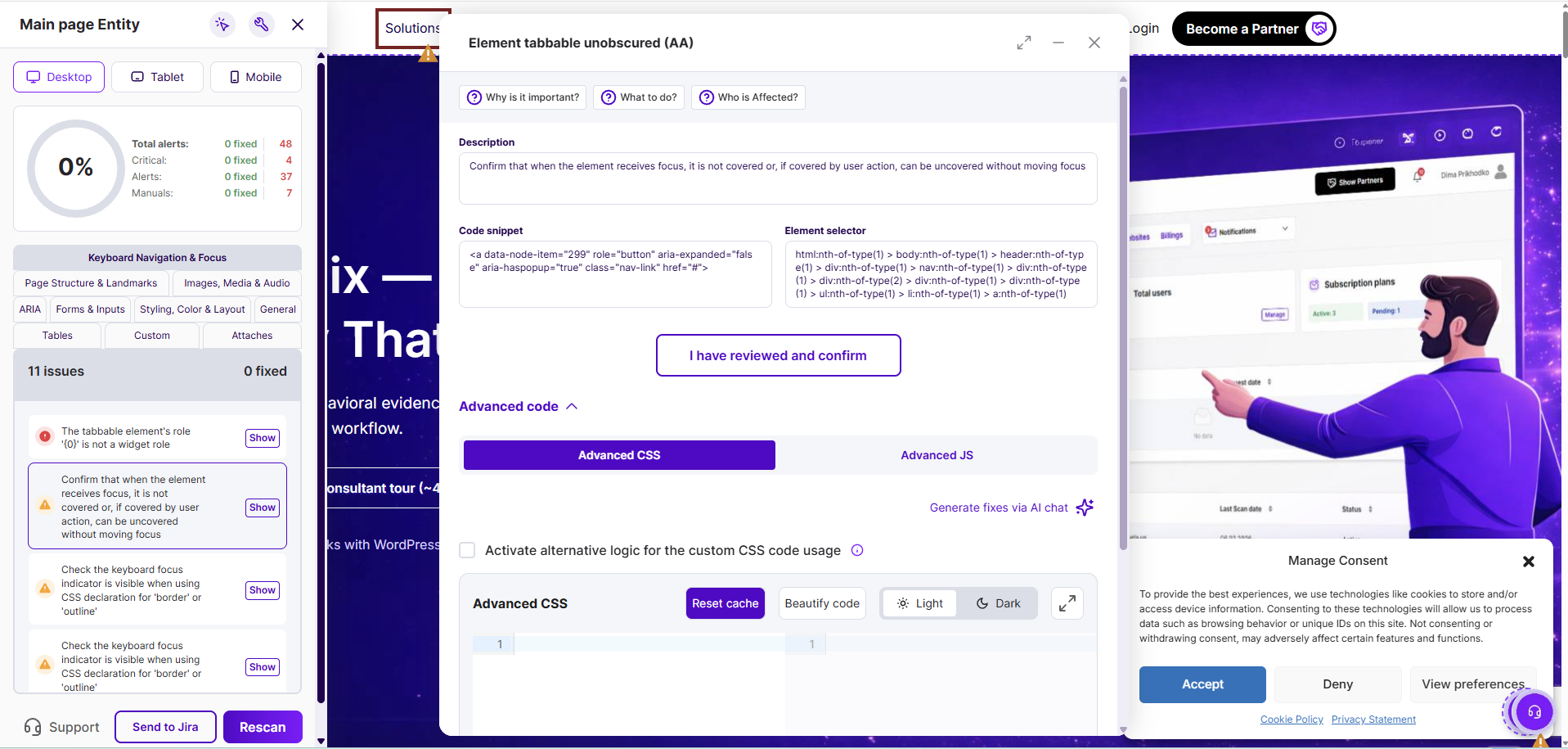 Pluro issue dialog with AI-generated fix option and advanced code editor