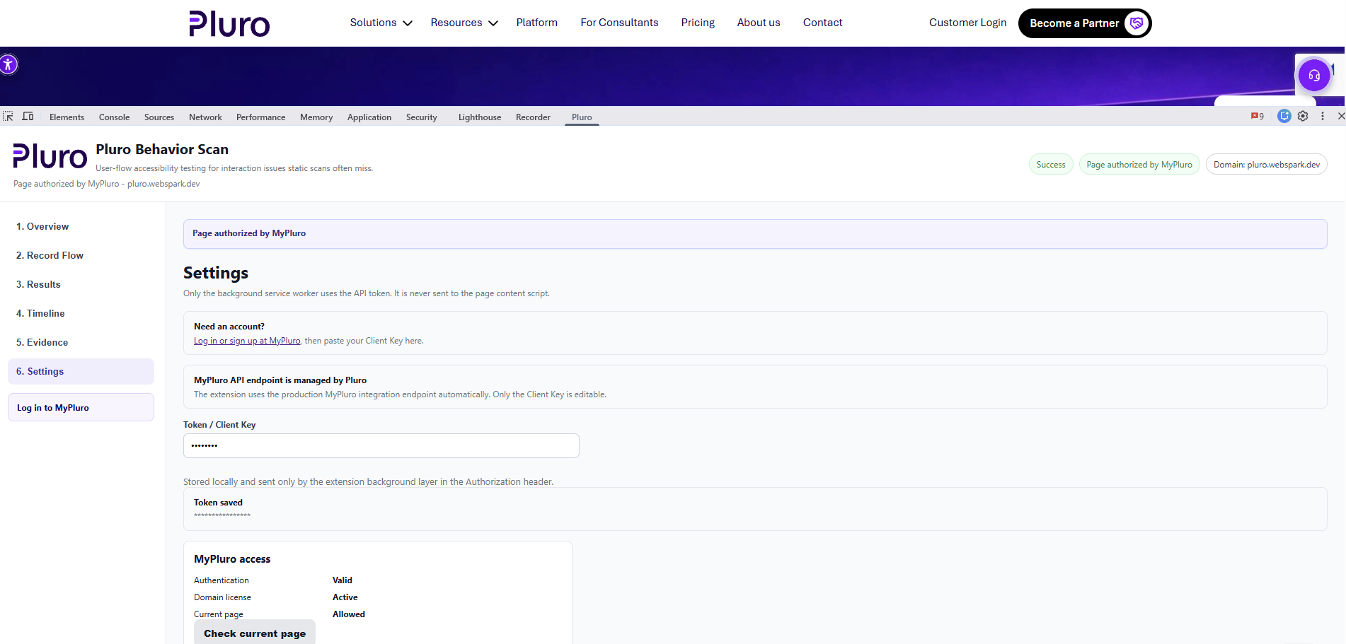 Pluro Behavior Scan extension settings and authorization