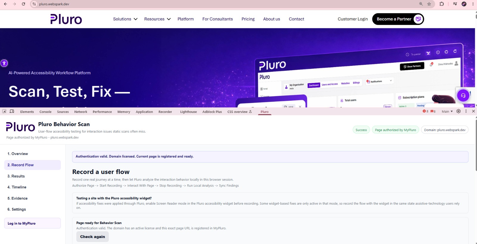 Pluro accessibility workflow dashboard connecting scanning, Behavior Evidence, remediation, verification and reporting