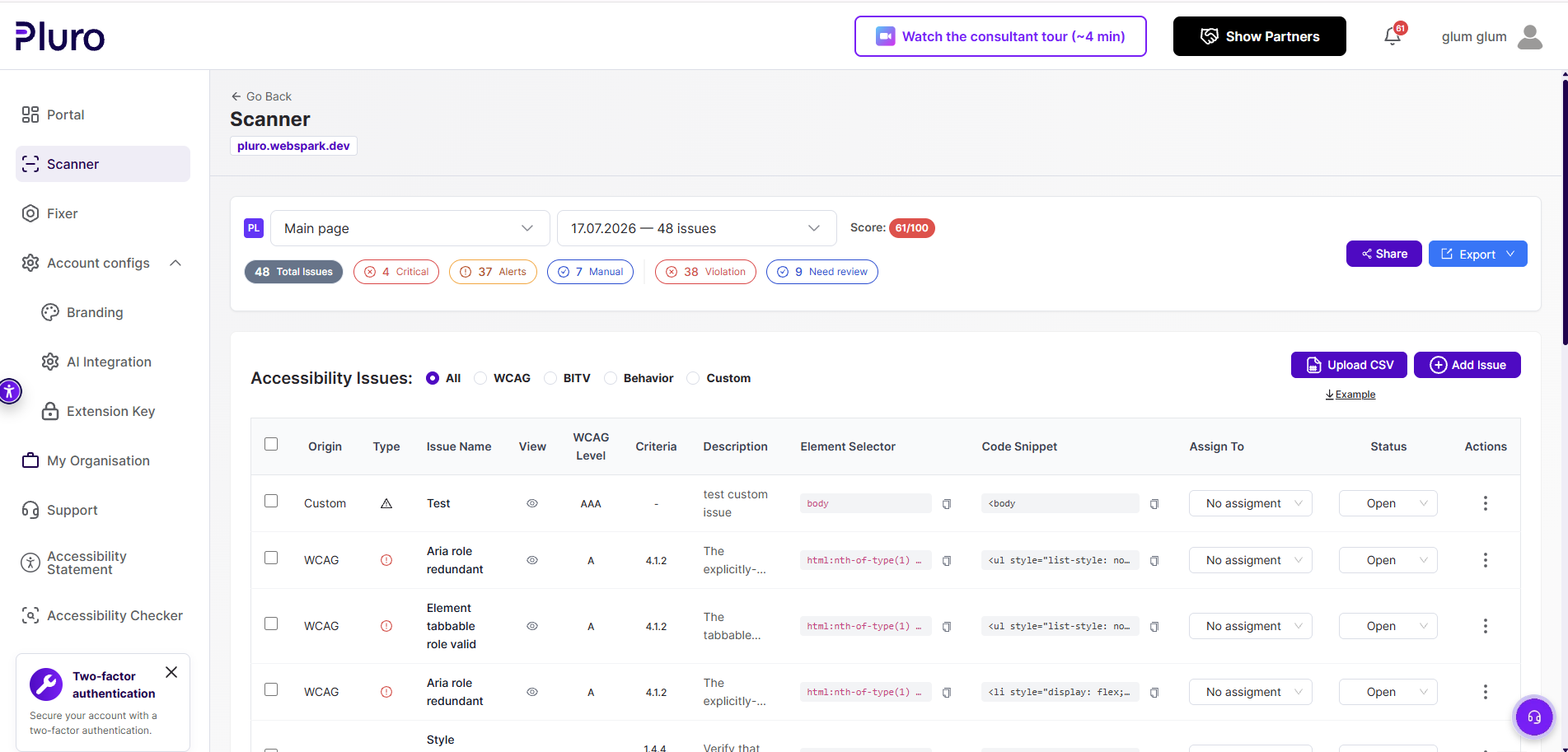 Detailed accessibility issue with selector, code snippet and remediation actions