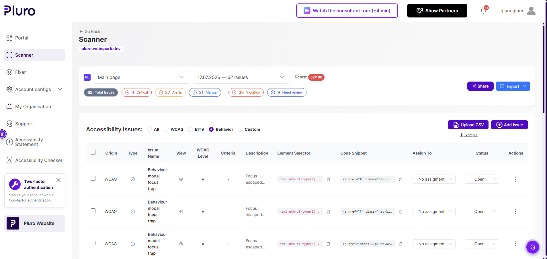 Pluro scanner dashboard showing accessibility issues and score